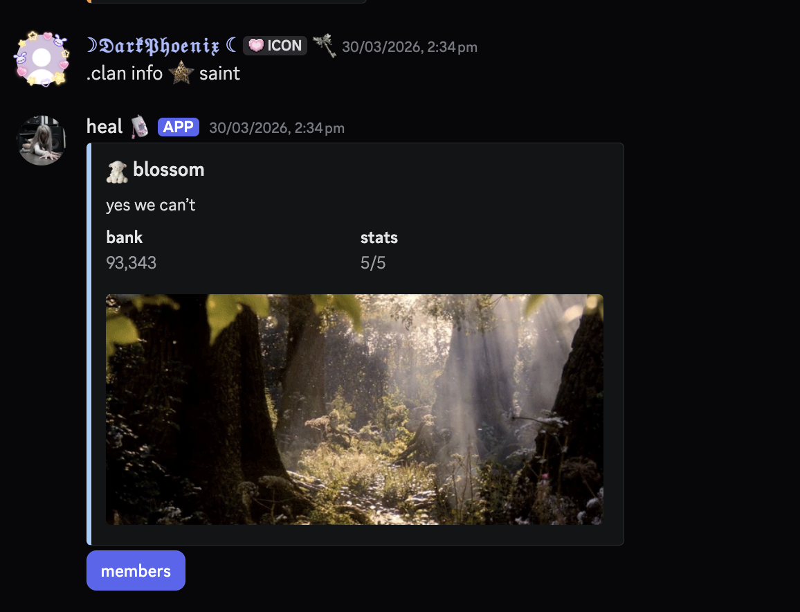 Clan profile embed showing name, slogan, bank balance, member count, and active perks.